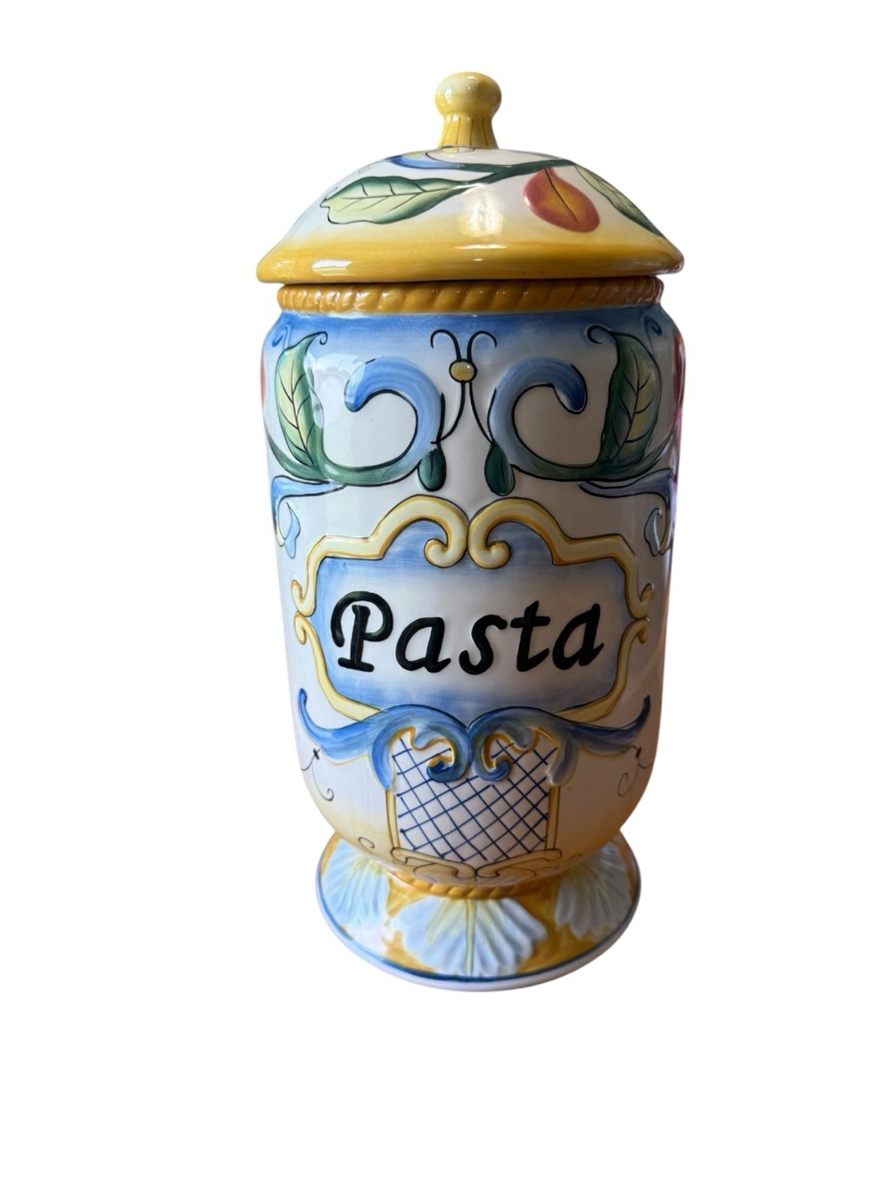 Fitz and Floyd Ricamo 14" Pasta Jar w/lid Yellow Blue Green Kitchen Decor NWOB